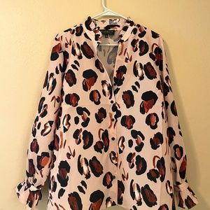 ELOQUII Leopard Print Button Down Shirt with Ruffle Neck